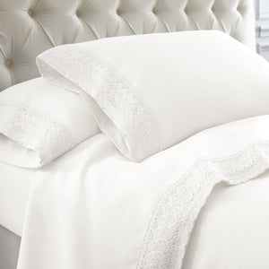 0.2" x 102" x 106" Microfiber Polyester White  4 Piece California King Size Sheet Set with Crochet Lace