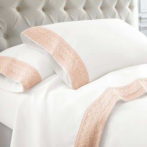 0.2" x 102" x 106" Microfiber Polyester White and Pink  4 Piece King Size Sheet Set with Crochet Lace