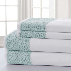 0.2" x 102" x 106" Microfiber Blue and White  4 Piece King Size Sheet Set with Crystal Lace