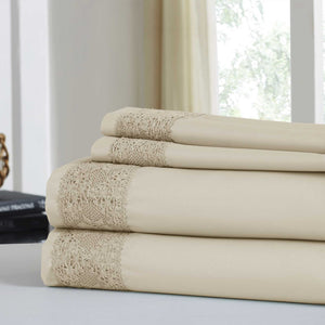 0.2" x 102" x 106" Microfiber Beige  4 Piece California King Sheet Set with Crystal Lace