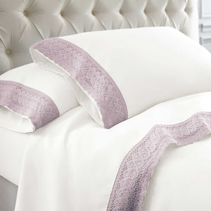 0.2" x 90" x 102" Microfiber Polyester White and Purple  4 Piece Queen Size Sheet Set with Crochet Lace