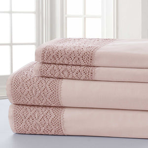 0.2" x 81" x 96" Microfiber Pink  4 Piece Full Size Sheet Set with Lace Trim