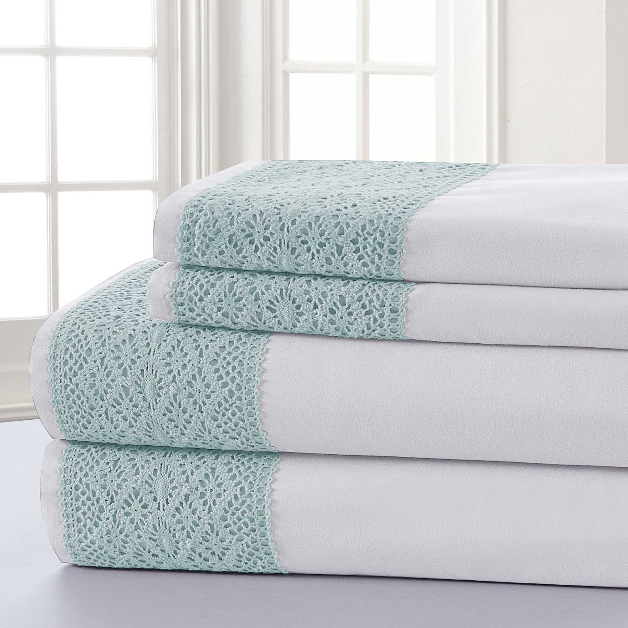 0.2" x 81" x 96" Microfiber Blue and White  4 Piece Full Size Sheet Set with Lace Trim