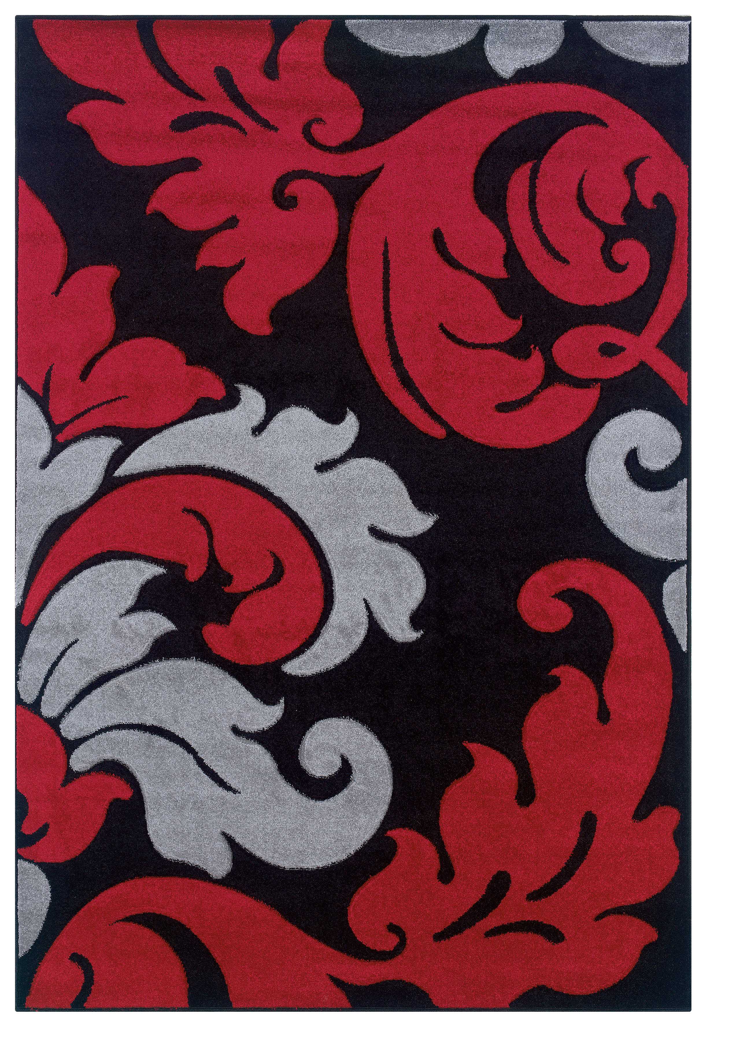 0.5" x 60" x 91" Yarn and Latex Black and Red Frieze Yarn Rug