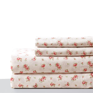 0.2" x 102" x 106" Microfiber Pink and White 4 Piece Rose Pattern California King Sheet Set