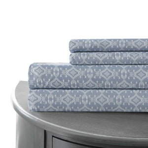 0.2" x 102" x 106" Microfiber Blue and White 4 Piece Interlock Geo California King Sheet Set