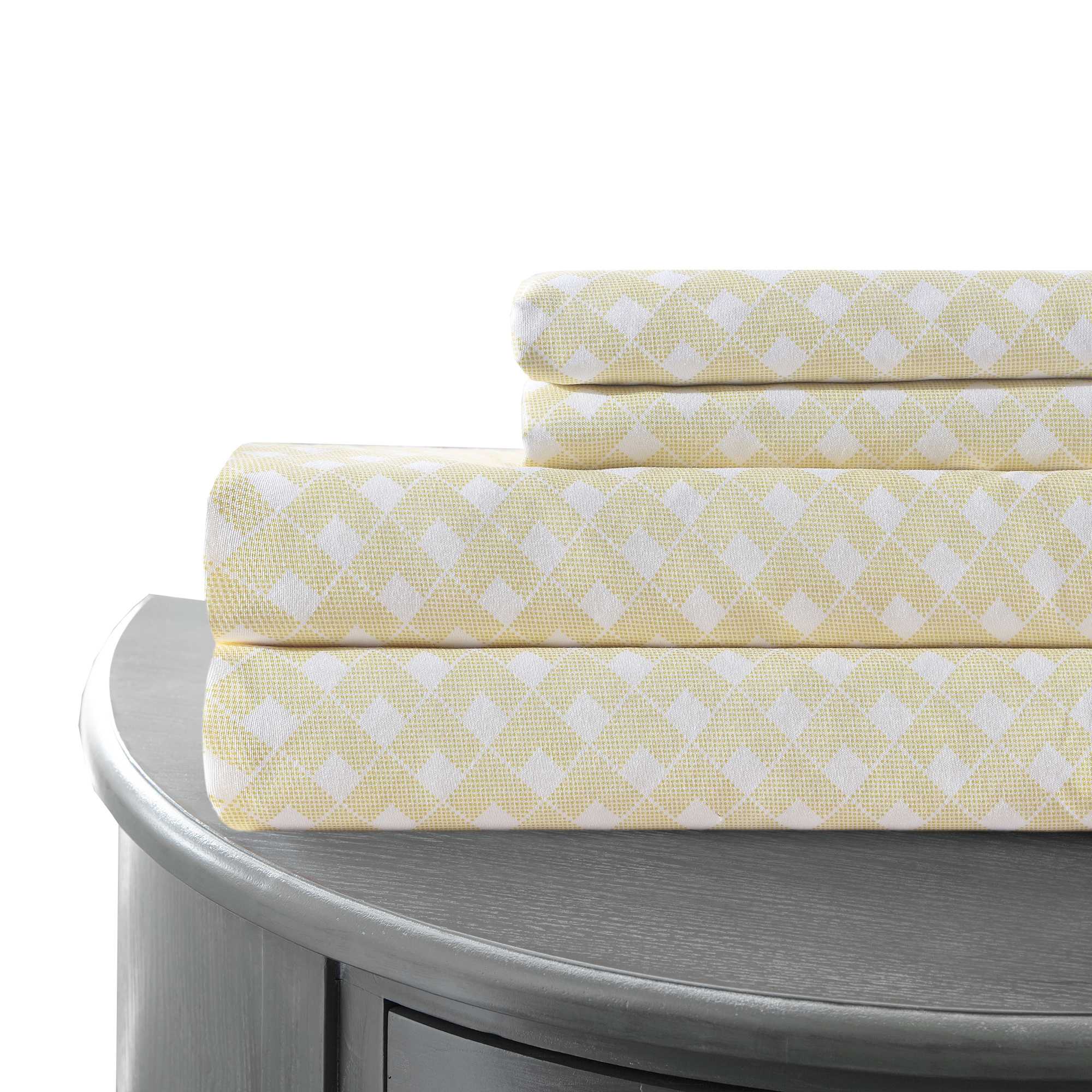 0.2" x 102" x 106" Microfiber White and Yellow 4 Piece Rattan Print California King Sheet Set