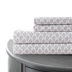 0.2" x 102" x 106" Microfiber White and Gray 4 Piece Damask Crest California King Sheet Set