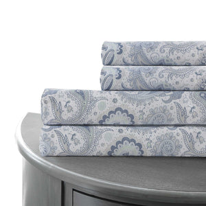 0.2" x 102" x 106" Microfiber Blue and White 4 Piece California King Sheet Set with Paisley Print