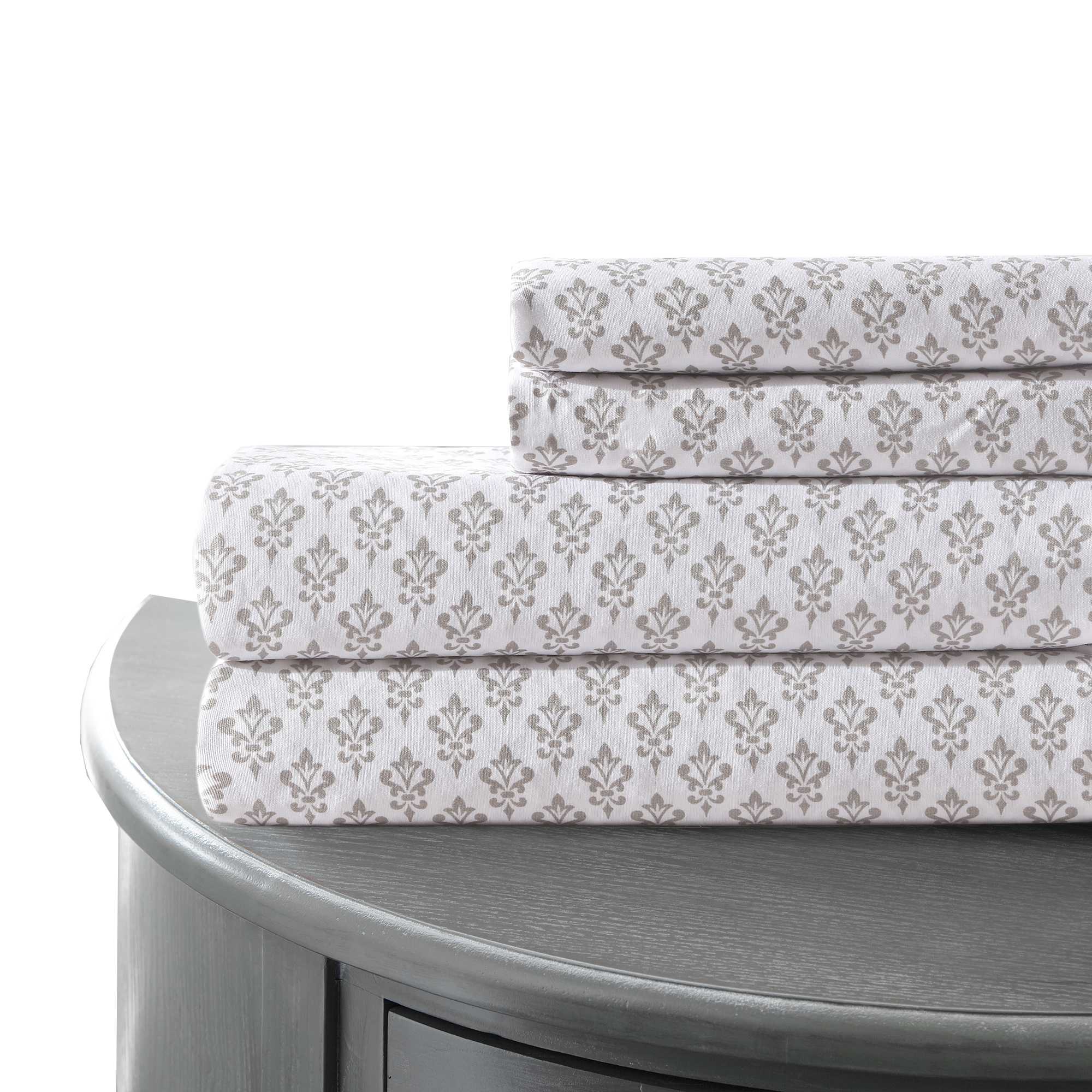 0.2" x 102" x 106" Microfiber White and Gray 4 Piece Damask Tile California King Sheet Set