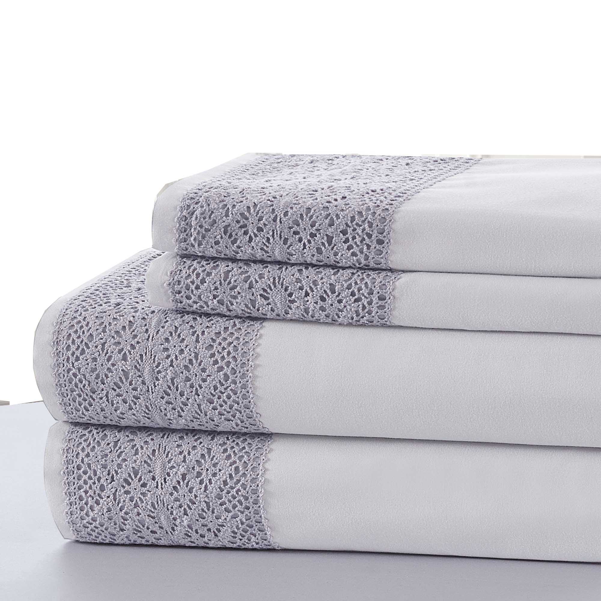 0.2" x 66" x 96" Microfiber White and Purple 3 Piece Twin Size Sheet Set with Lace Detail