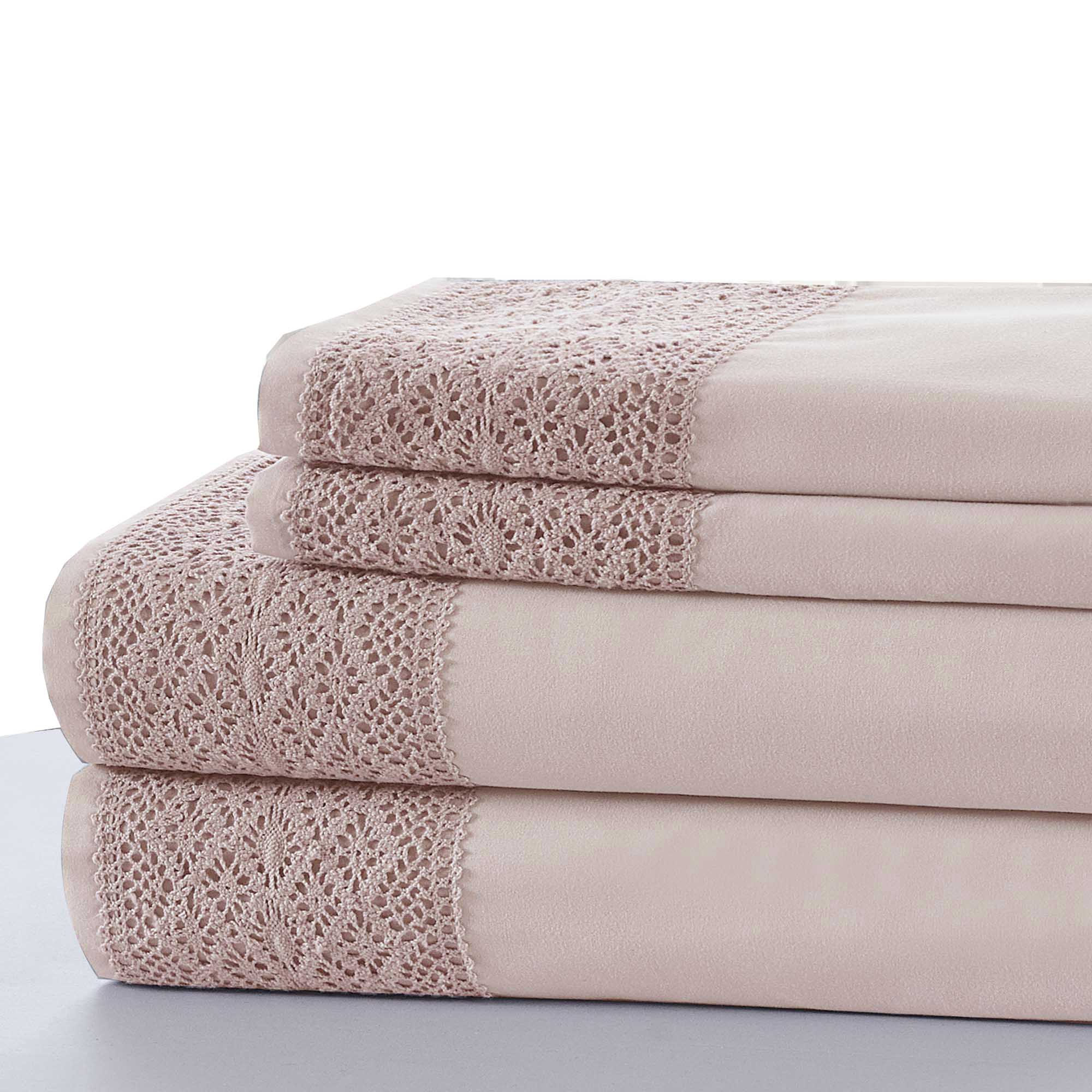 0.2" x 66" x 96" Microfiber Pink 3 Piece Twin Size Sheet Set with Lace Details