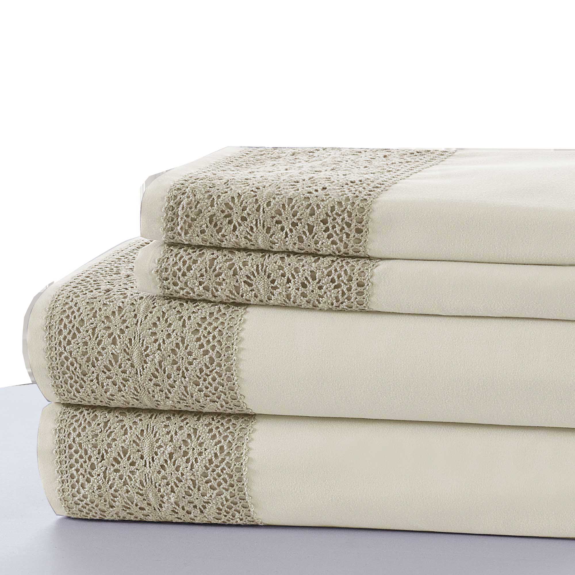 0.2" x 66" x 96" Microfiber Cream 3 Piece Twin Size Sheet Set with Lace Details