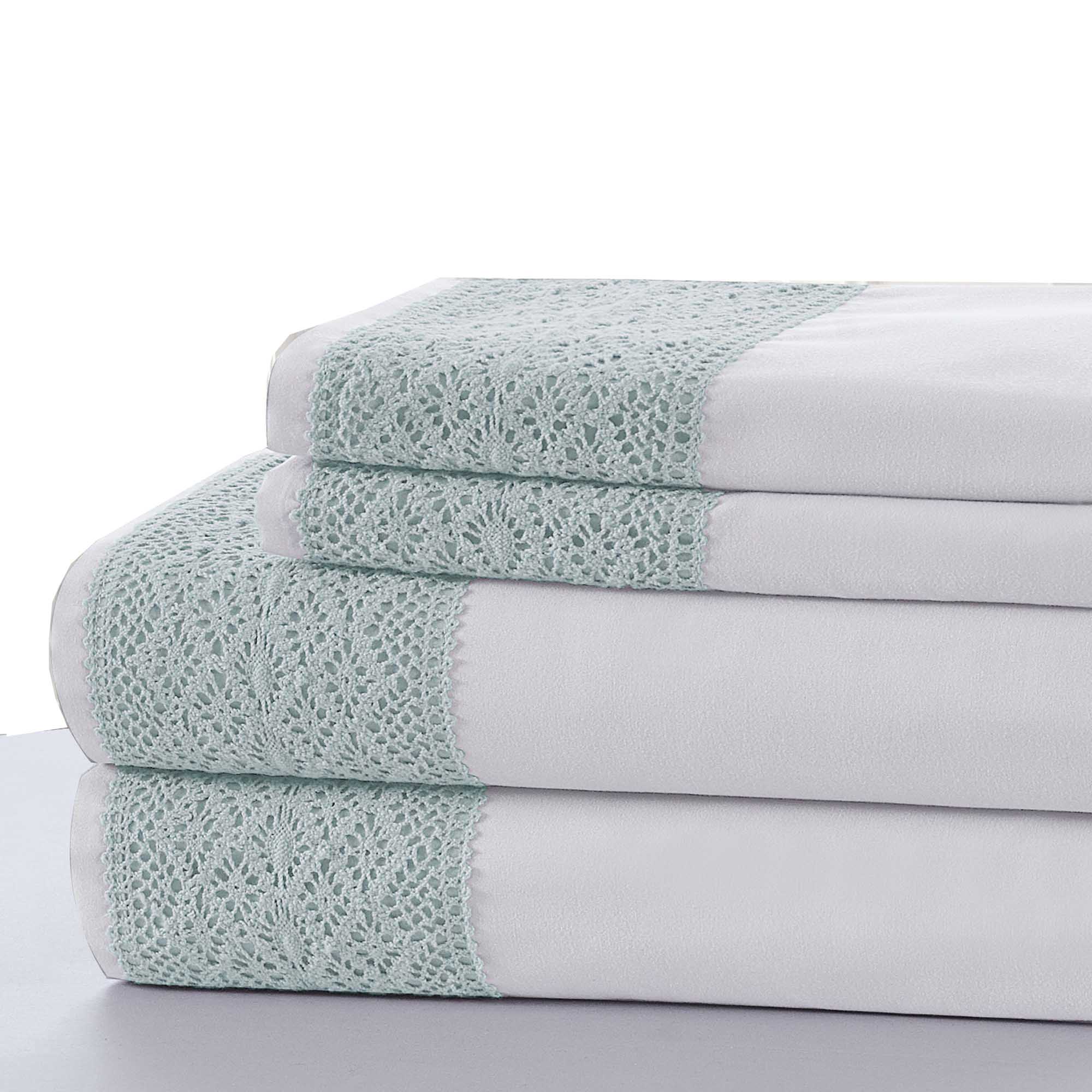 0.2" x 66" x 96" Microfiber Blue 3 Piece Twin Size Sheet Set with Lace Details