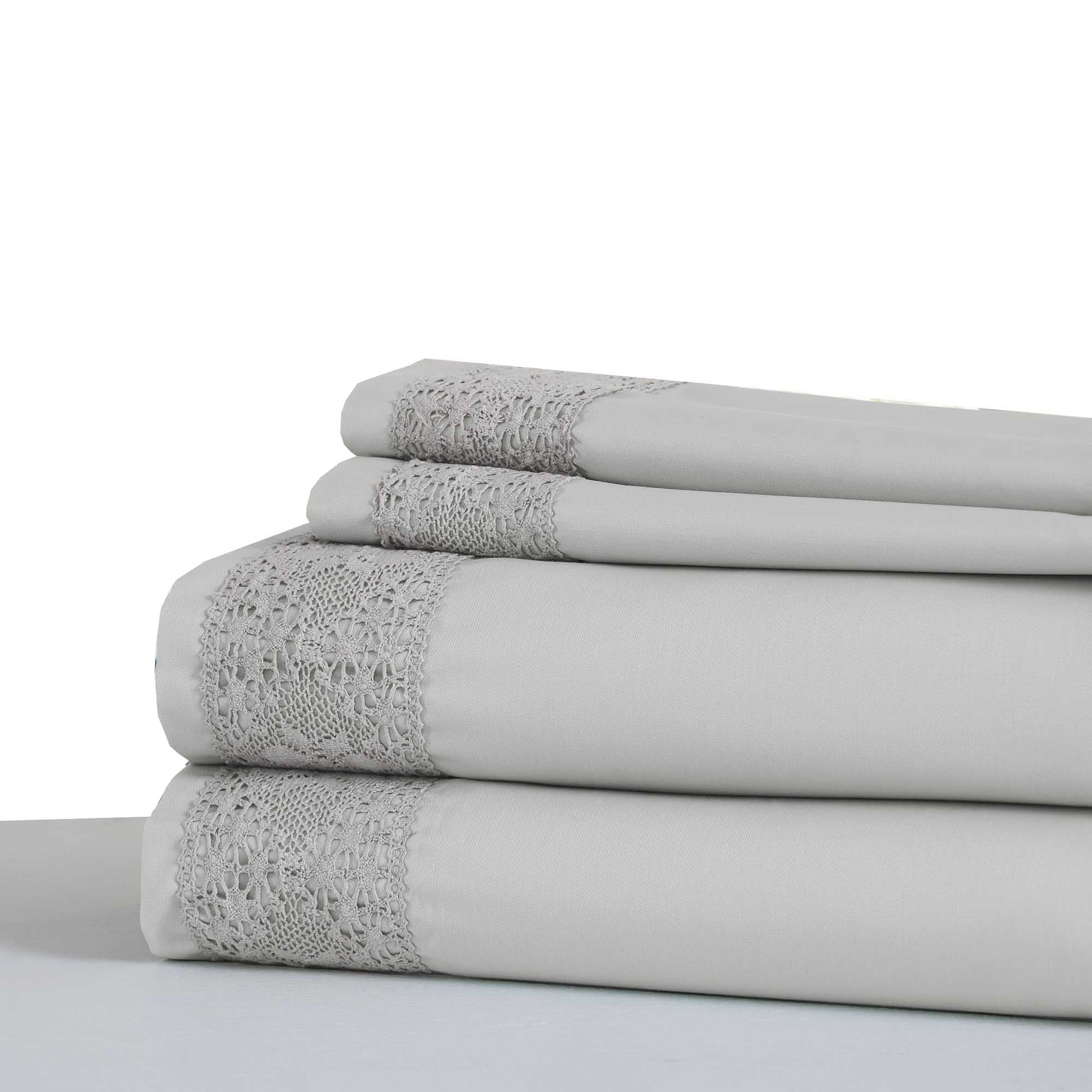 0.2" x 66" x 96" Microfiber Silver 3 Piece Twin Size Sheet Set with Lace Details