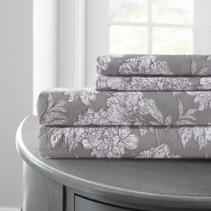 0.2" x 81" x 96" Microfiber Gray and White 4 Piece Full Size Sheet Set with Floral Sketch