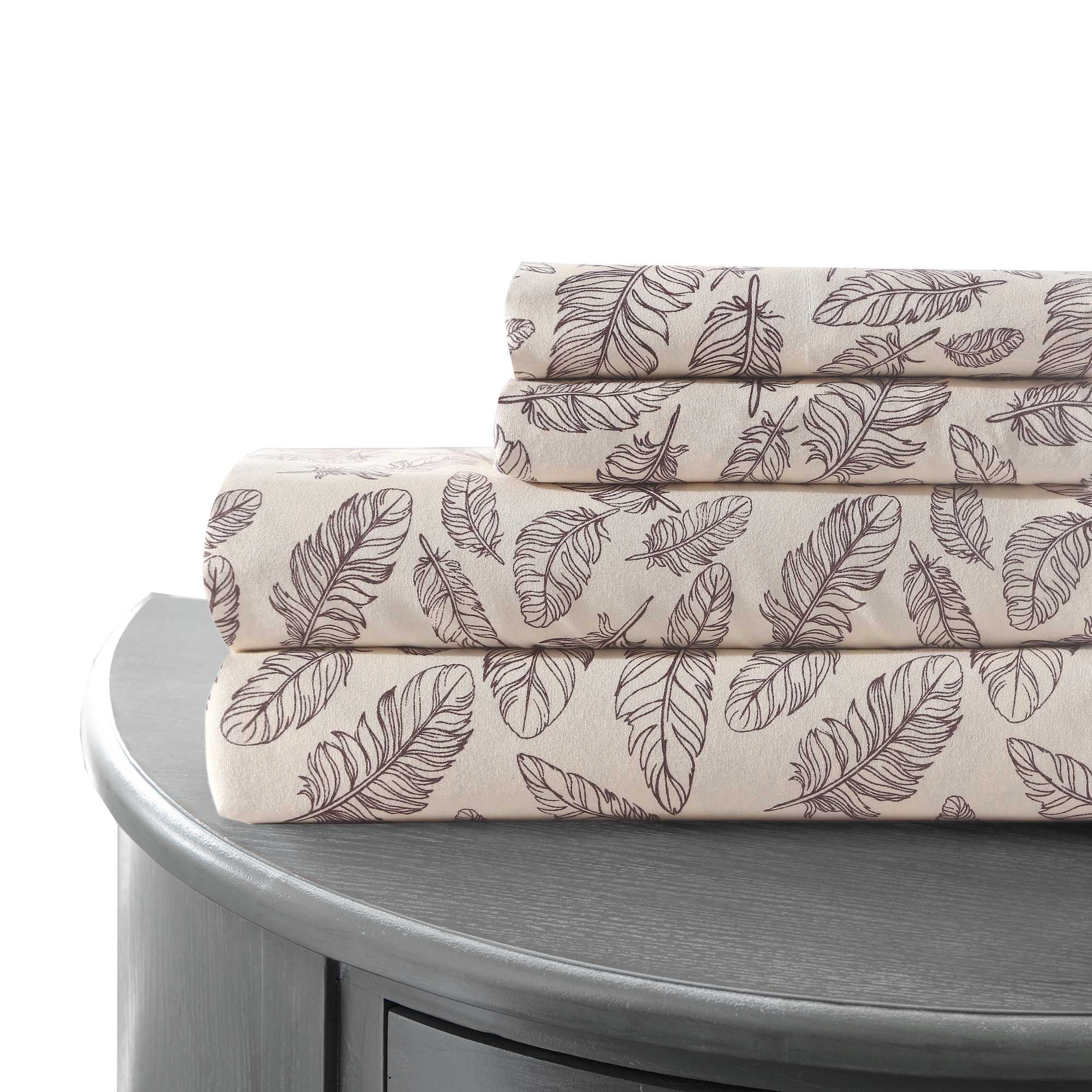 0.2" x 81" x 96" Microfiber Beige 4 Piece Full Sheet Set with Feather Sketch