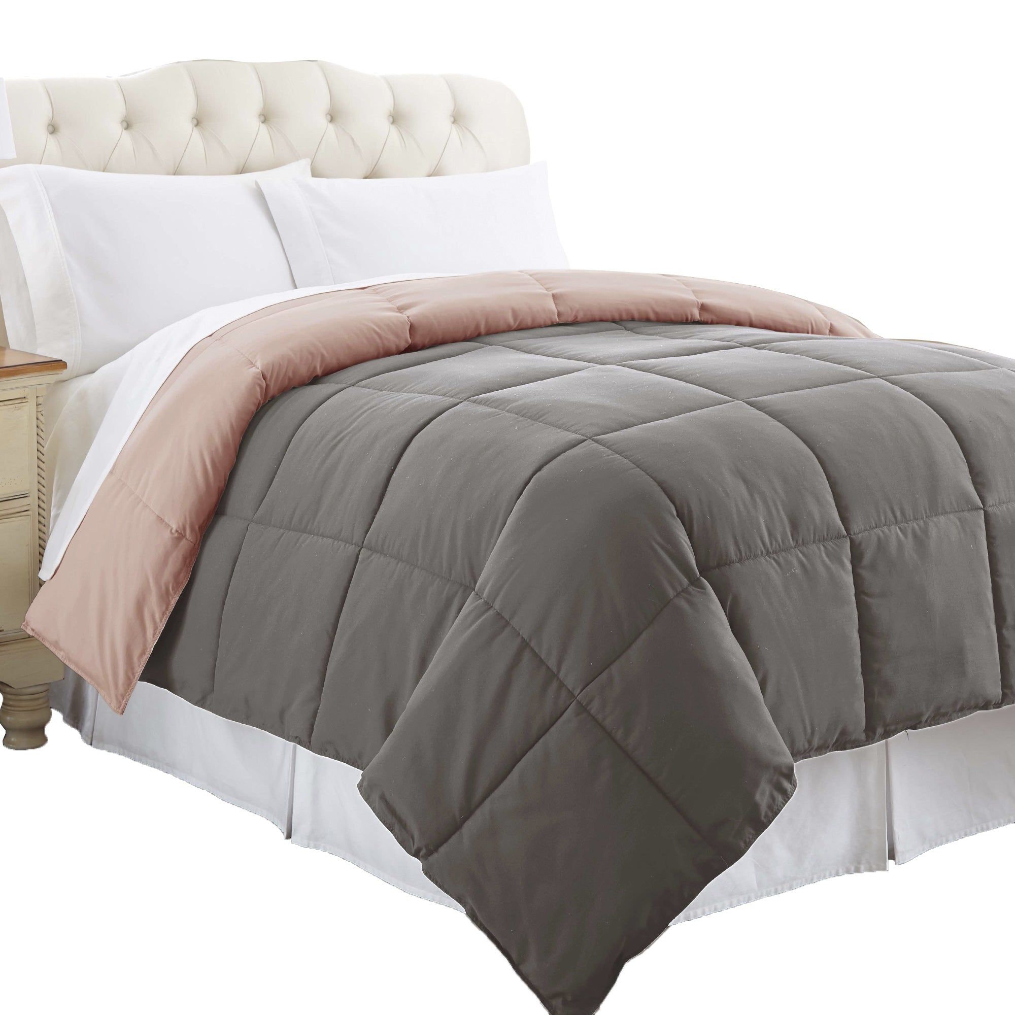 0.2" x 88" x 104" Microfiber Gray and Pink King Size Box Quilted Reversible Comforter