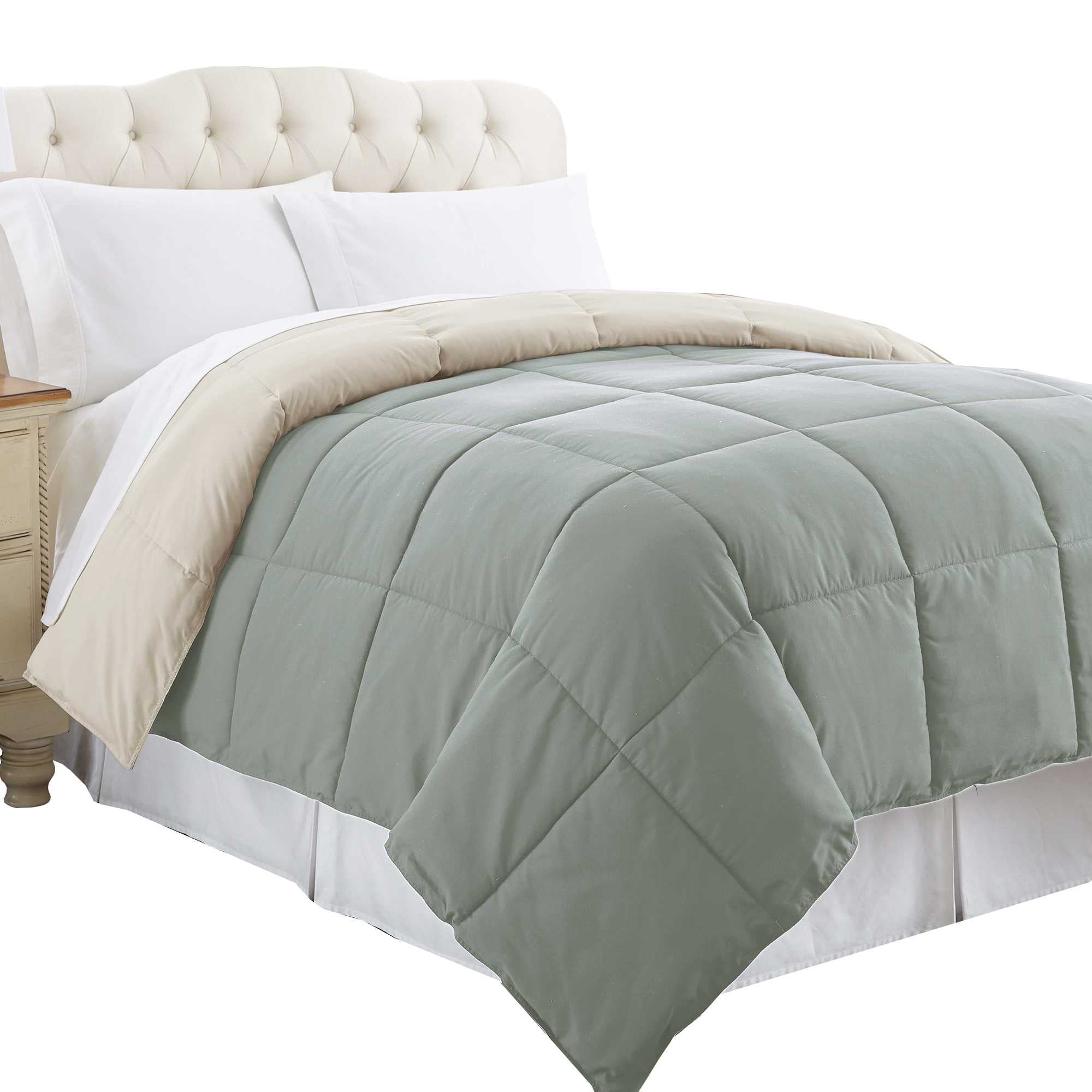 0.2" x 88" x 88" Microfiber Gray and Beige Queen Size Box Quilted Reversible Comforter