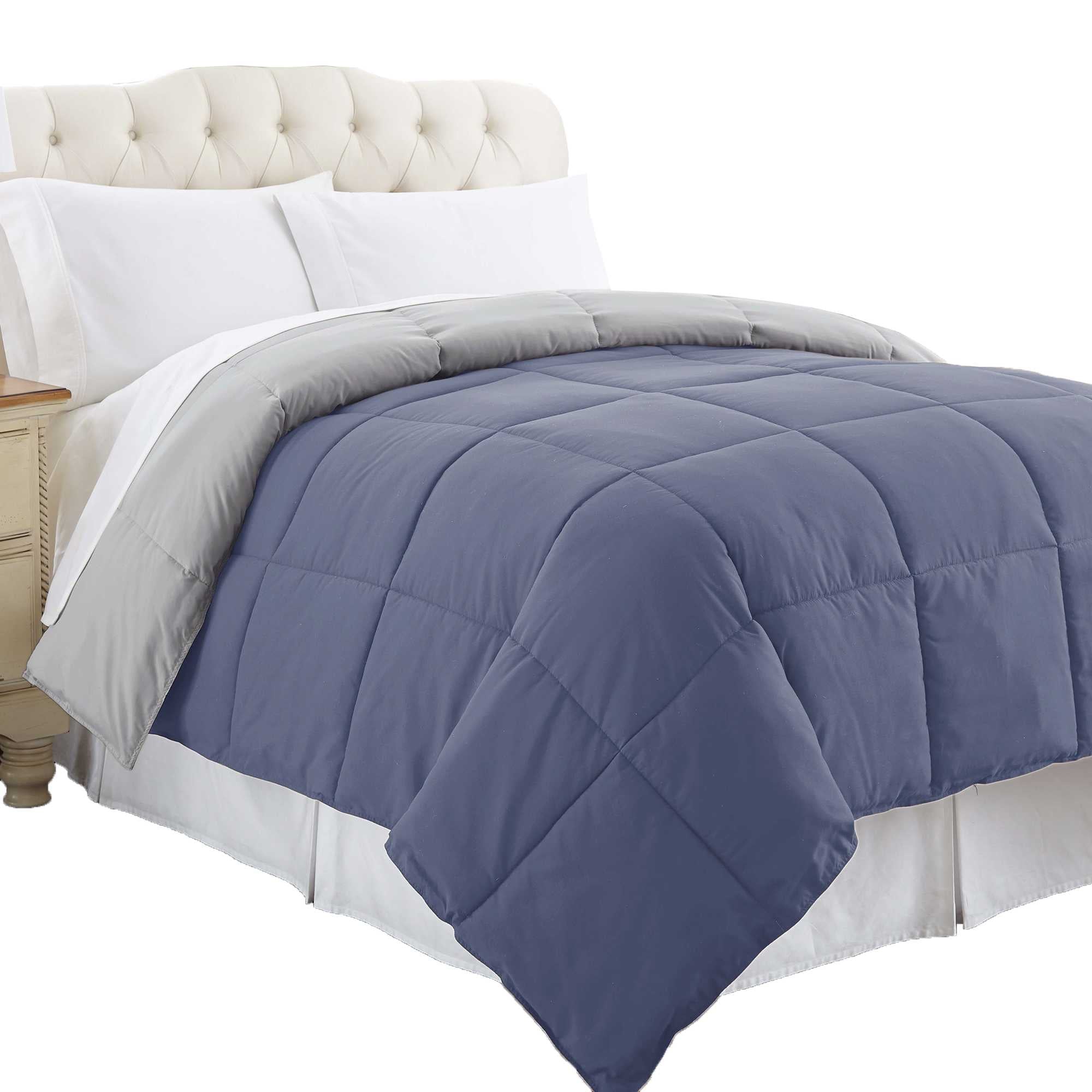 0.2" x 88" x 88" Microfiber Silver and Blue Queen Size Box Quilted Reversible Comforter