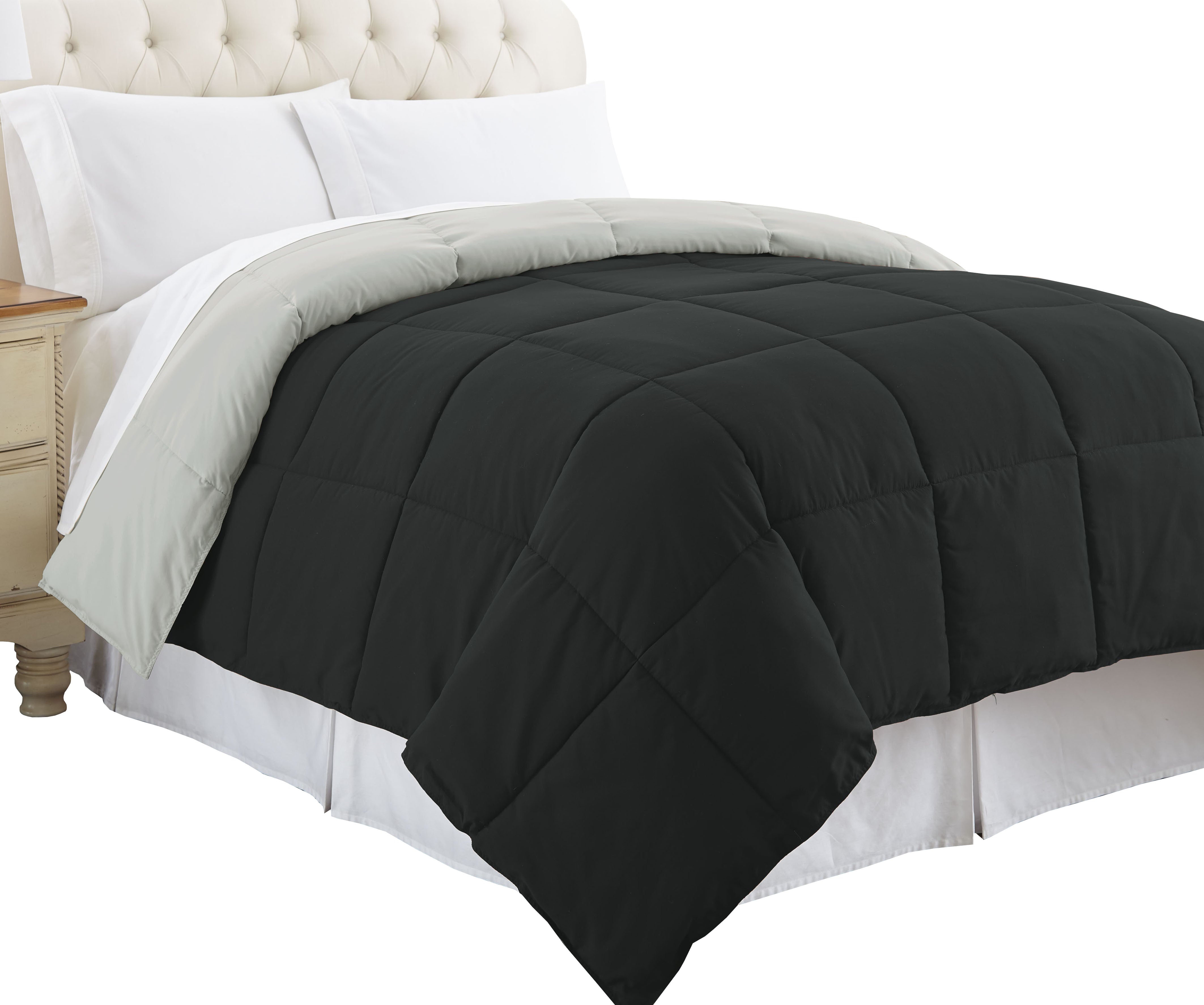 0.2" x 88" x 88" Microfiber Black Queen Size Box Quilted Reversible Comforter