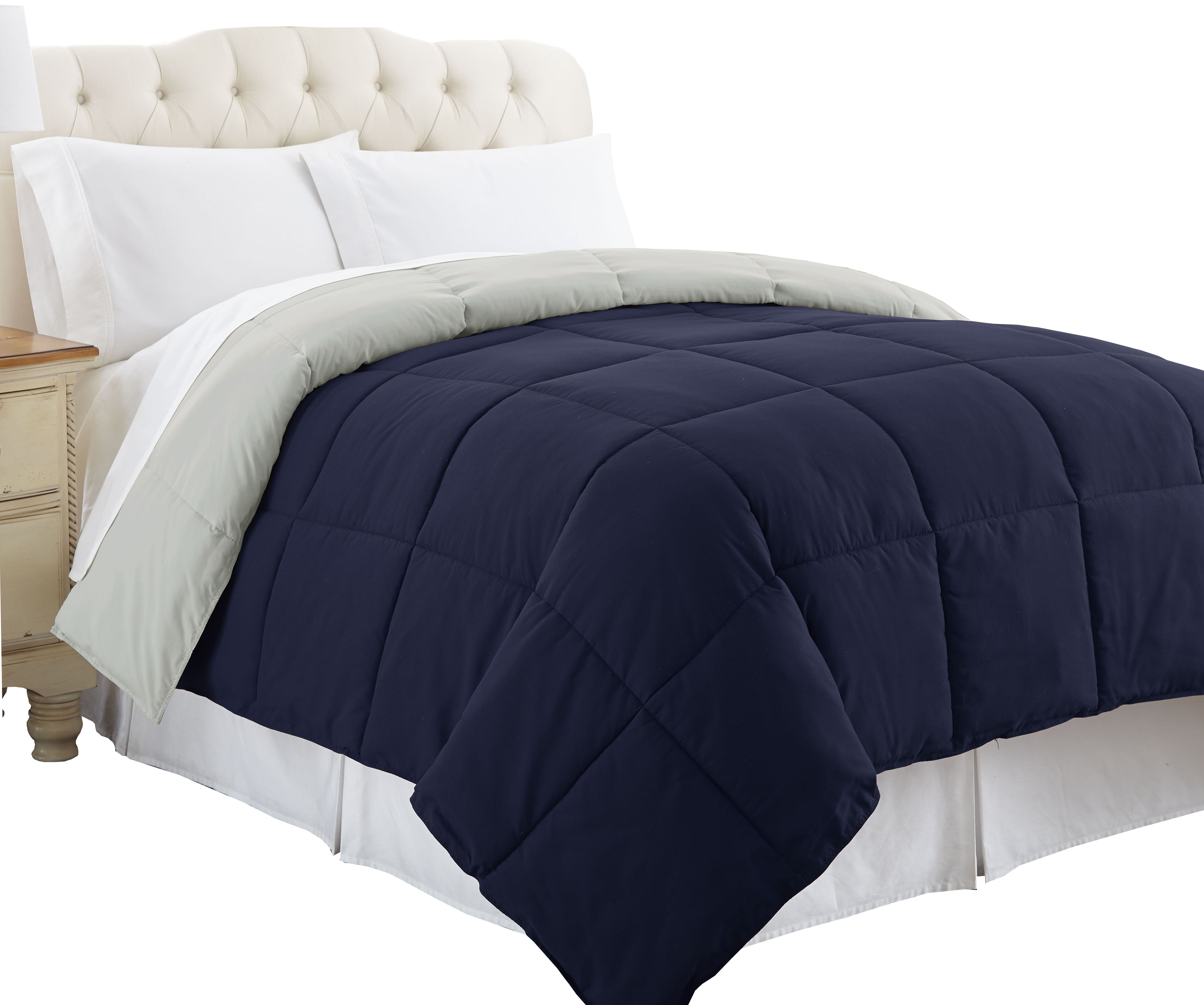 0.2" x 68" x 88" Microfiber Silver and Blue Box Quilted Twin Size Reversible Comforter