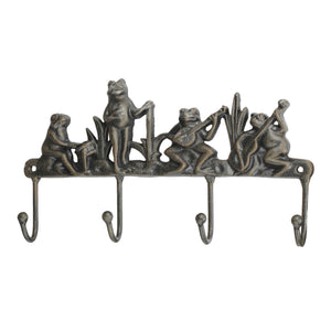 Metal Musicians Frogs Playing Instruments Wall Hooks, Brown