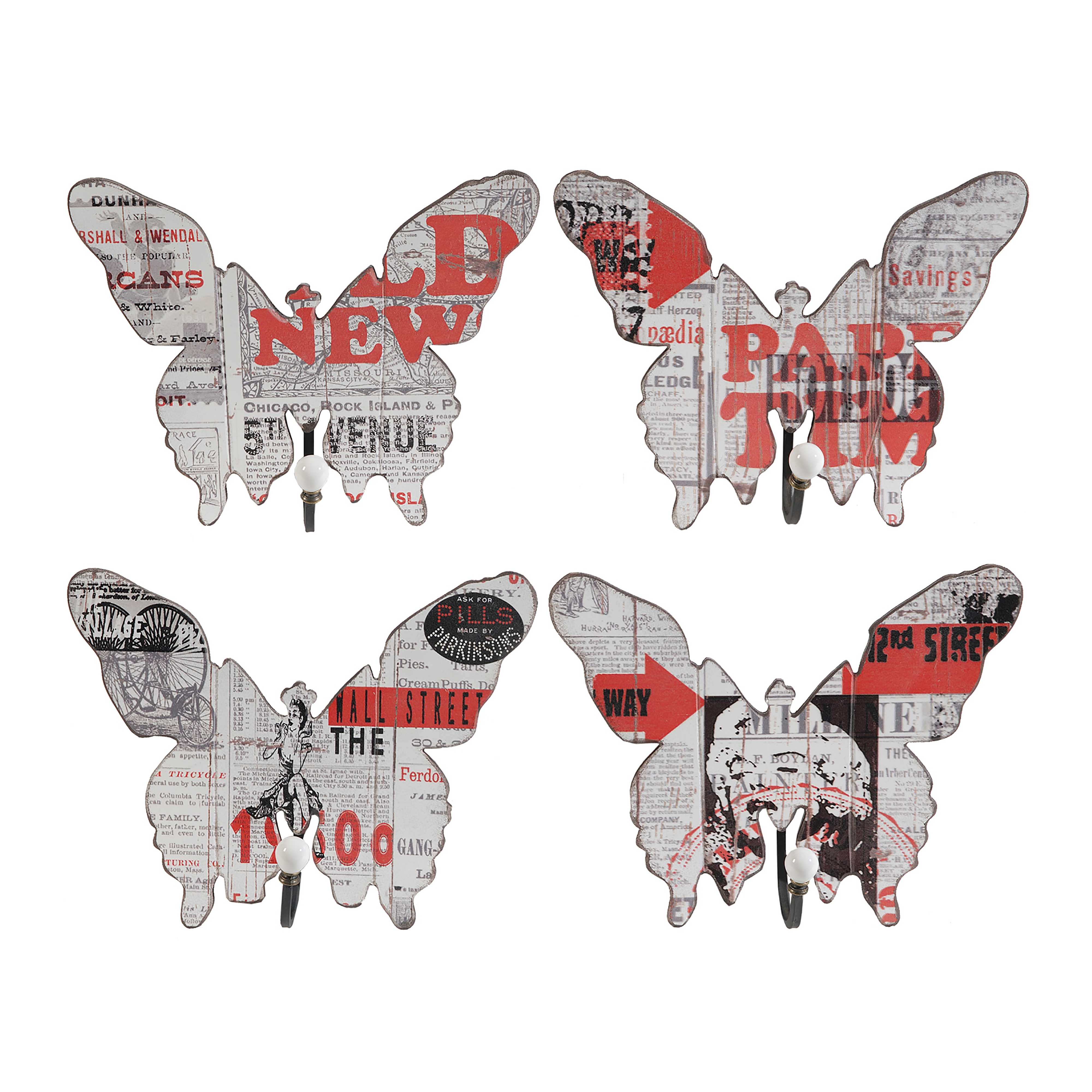 Butterfly Walldecor with Newspaper Print, Set of 4, Multicolor