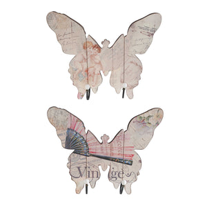 Butterfly Vintage Walldecor with 4 Metal Hooks, Set of 2, Multicolor