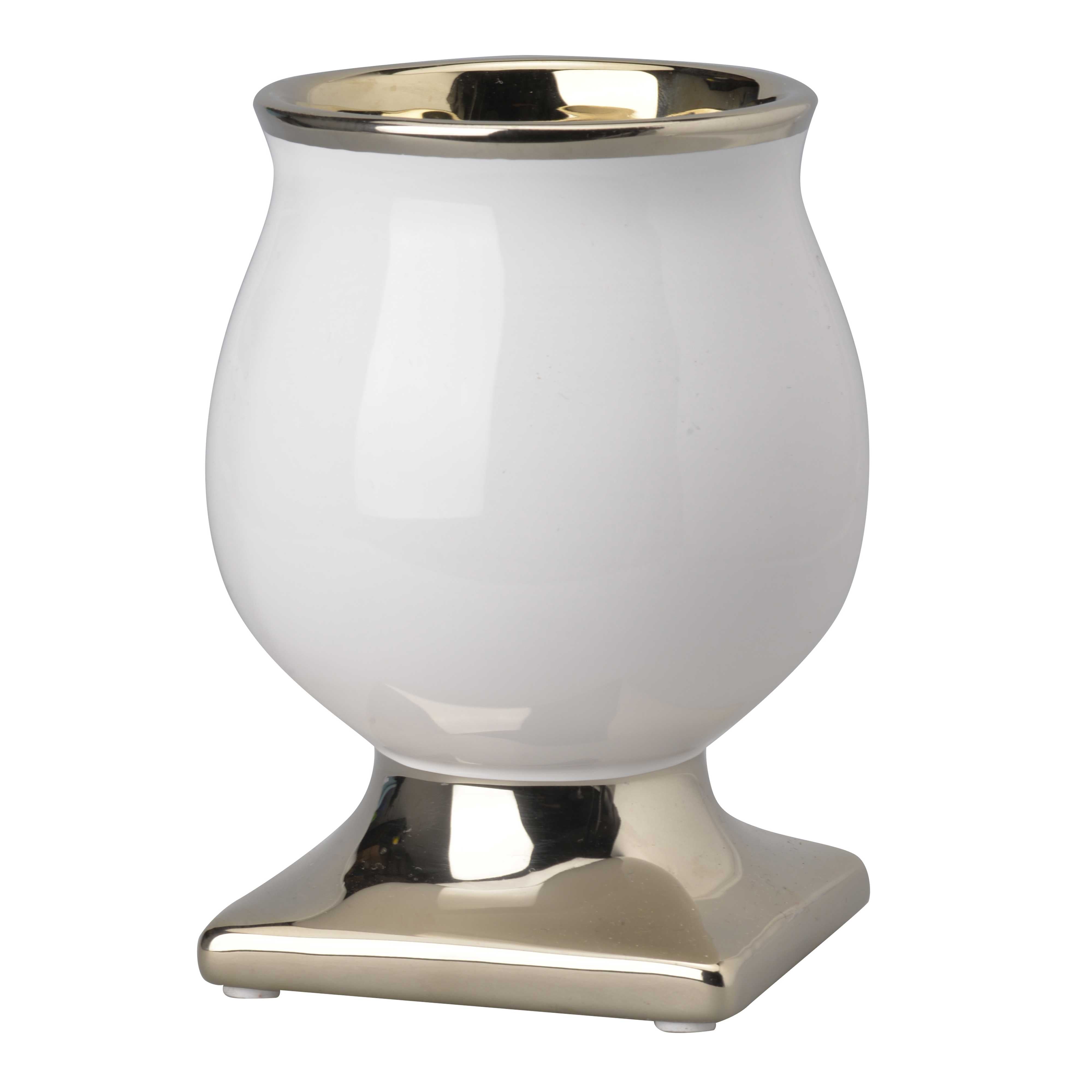 Bellied Shape Ceramic Vase with Pedestal Base, Large, White and Gold