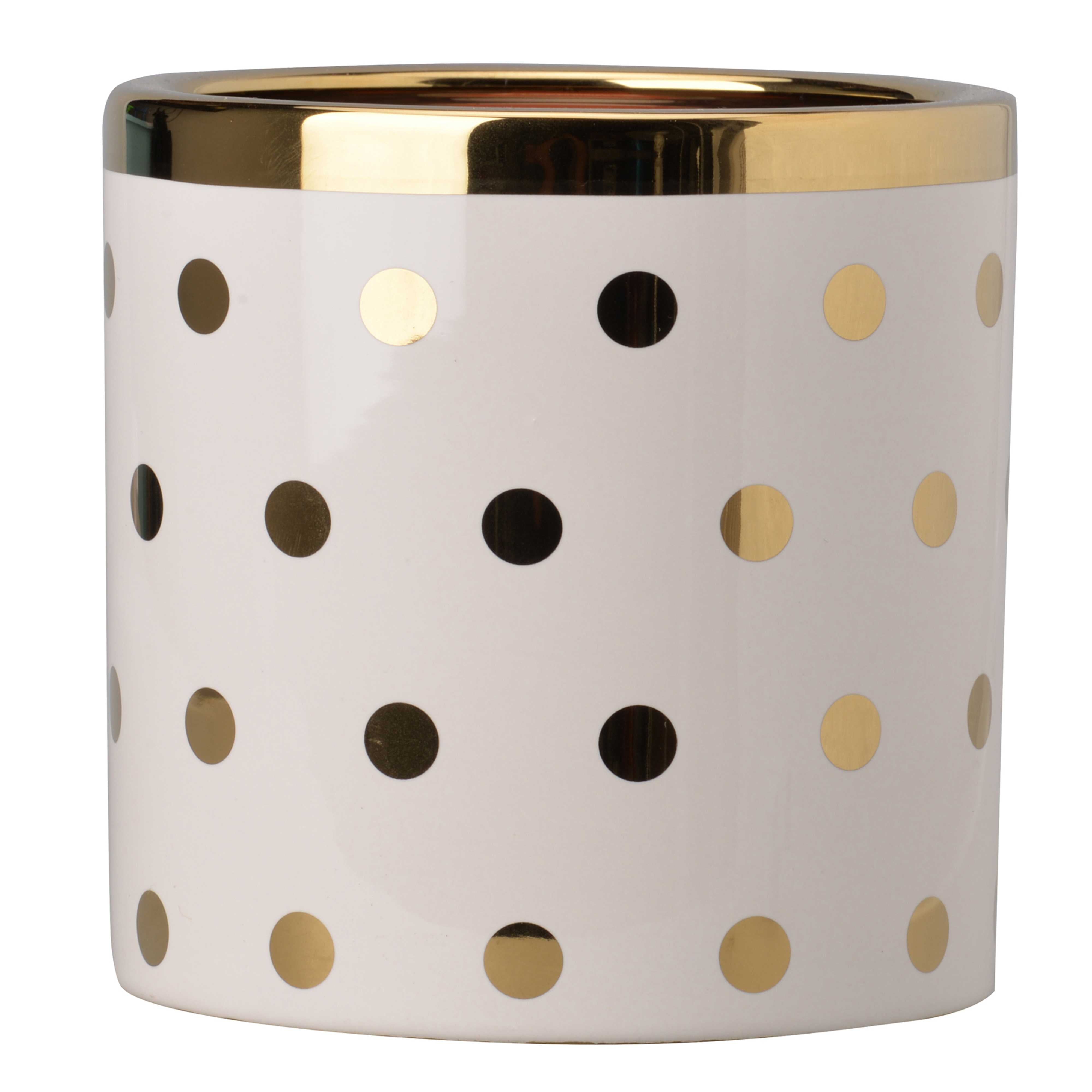 Ceramic Cylindrical Planter with Polka Dots Pattern, White and Gold