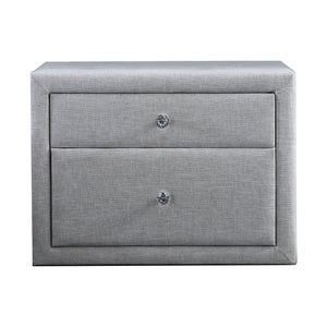 2 Drawer Fabric Upholstered Wooden Nightstand with Crystal Knobs, Gray