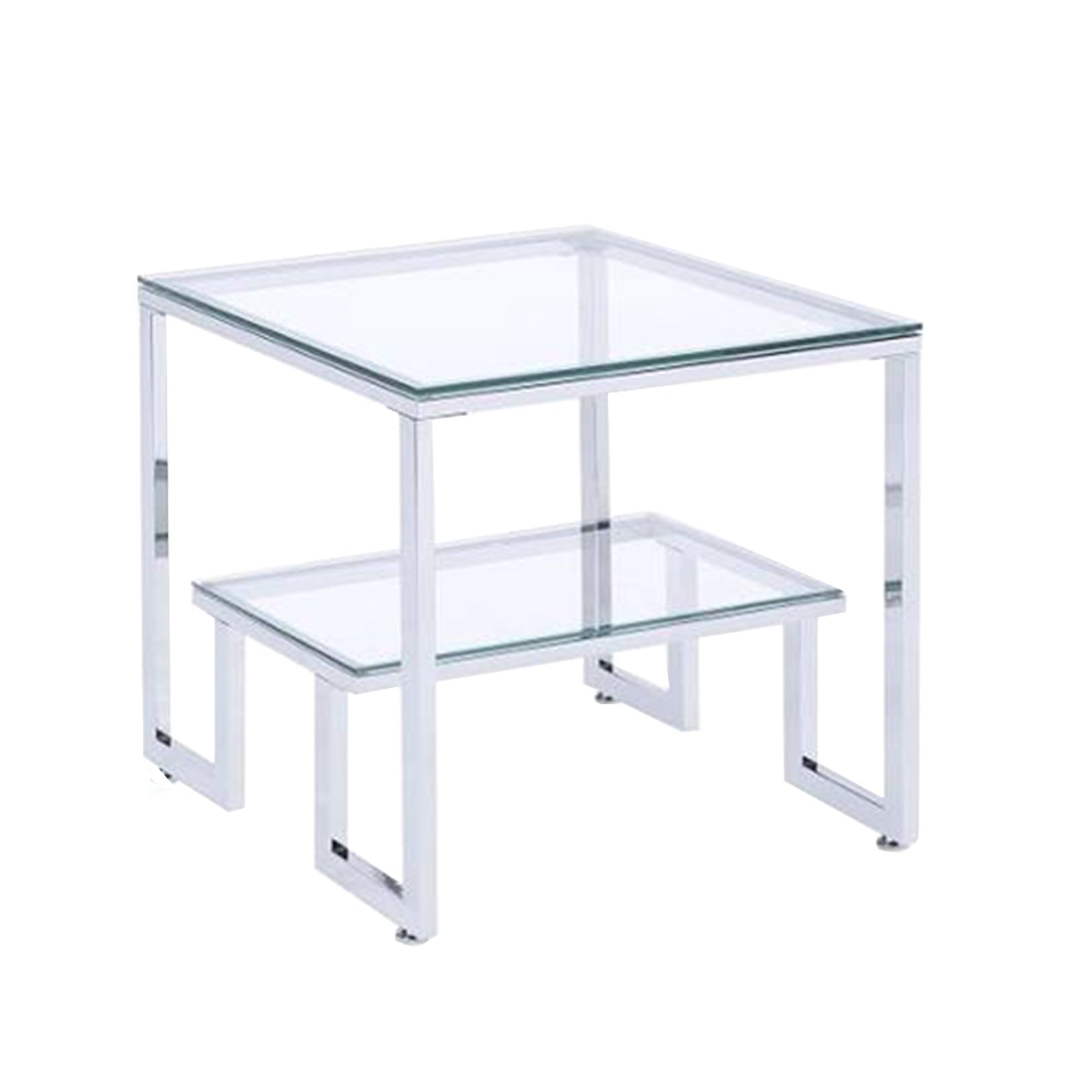 Contemporary Style Metal and Glass End Table, White and Clear