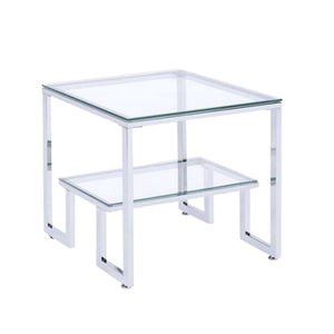 Contemporary Style Metal and Glass End Table, White and Clear