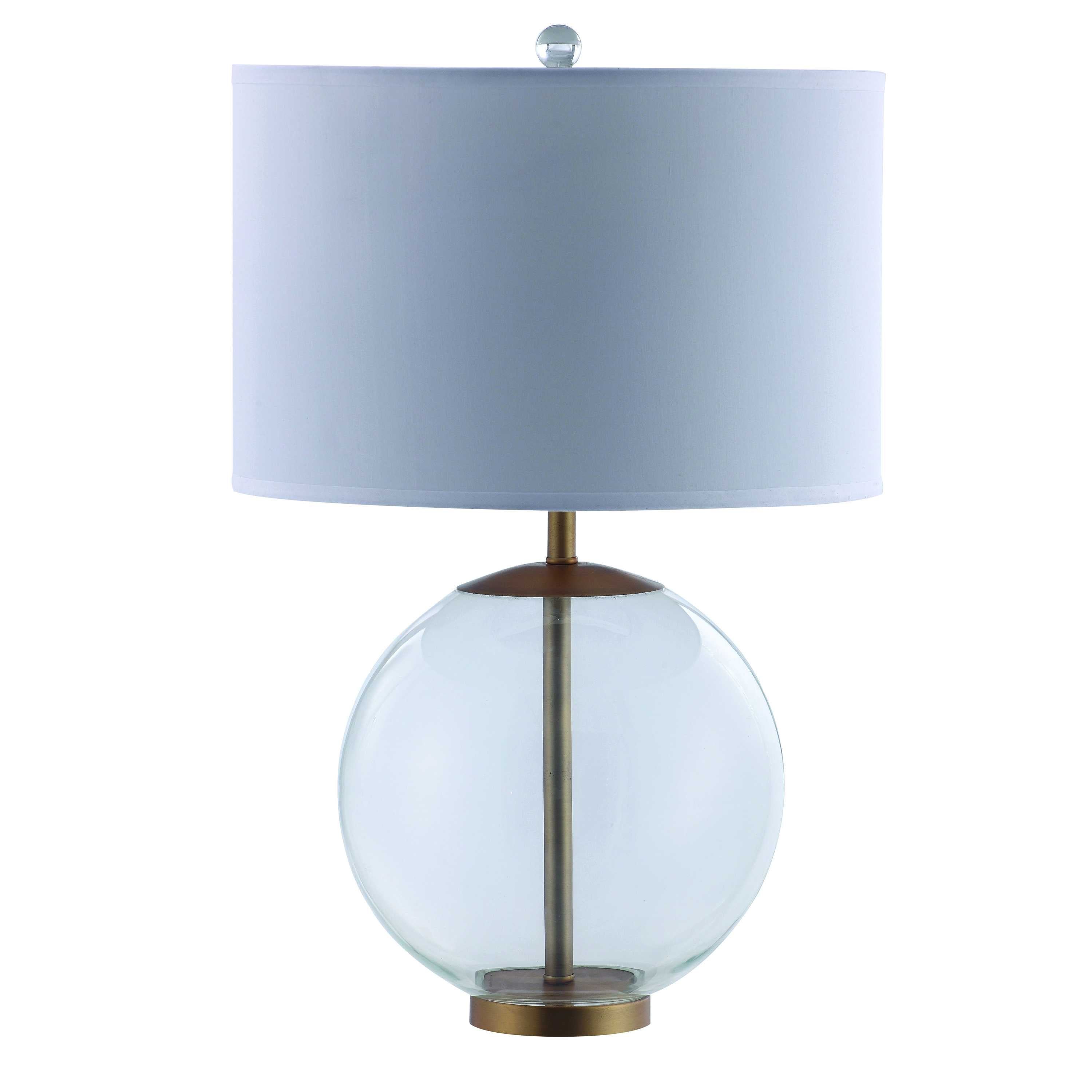 Drum Shade Metal Table Lamp with Glass Orb Accent, White and Brown