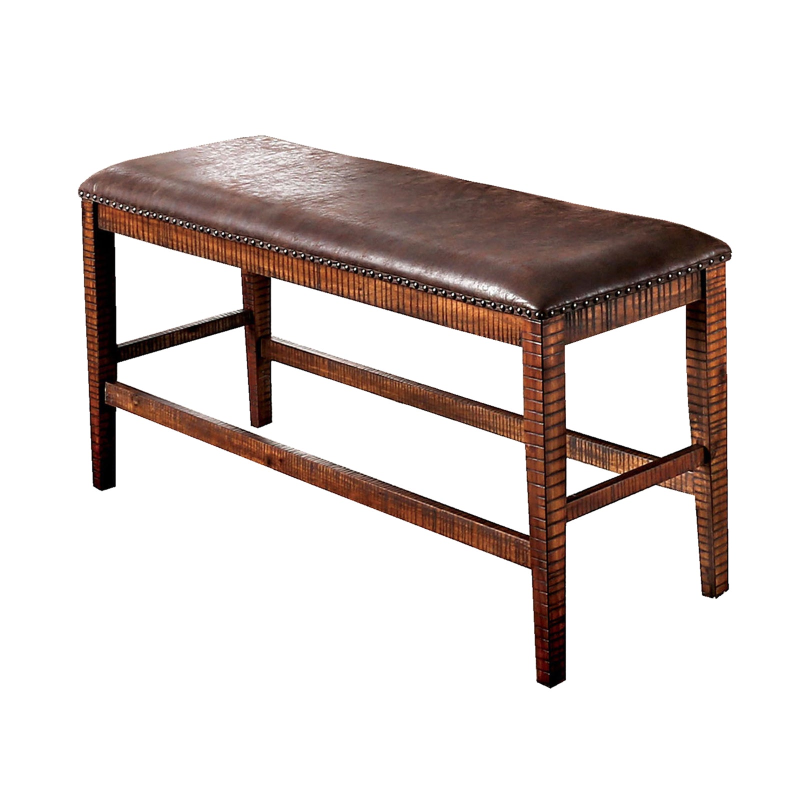 Wood and Faux leather Counter Height Bench with Nailhead Trims, Brown