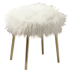 Faux Fur Upholstered Contemporary Metal Ottoman, White and Gold