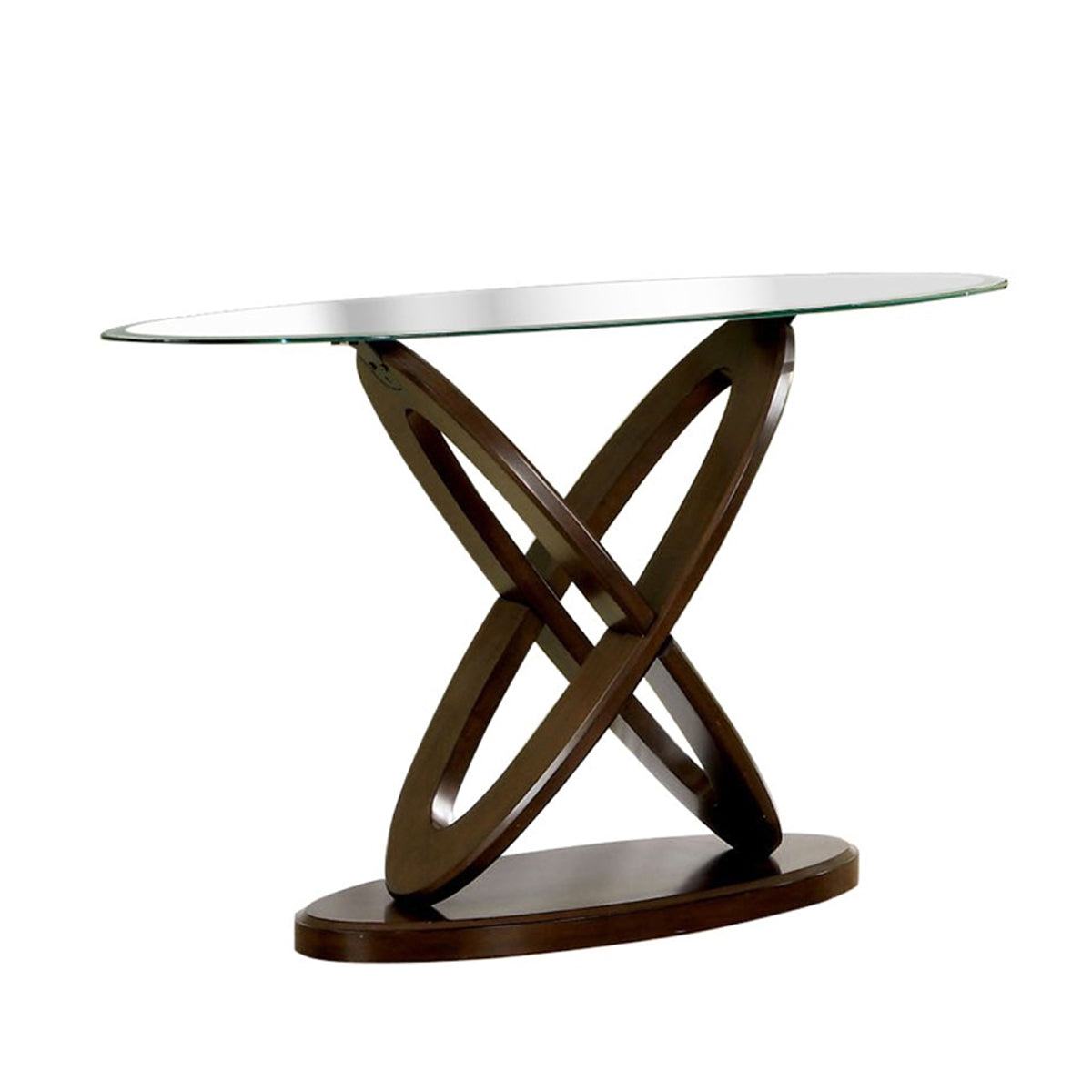 Glass Top Sofa Table with Cross Oval Base, Brown