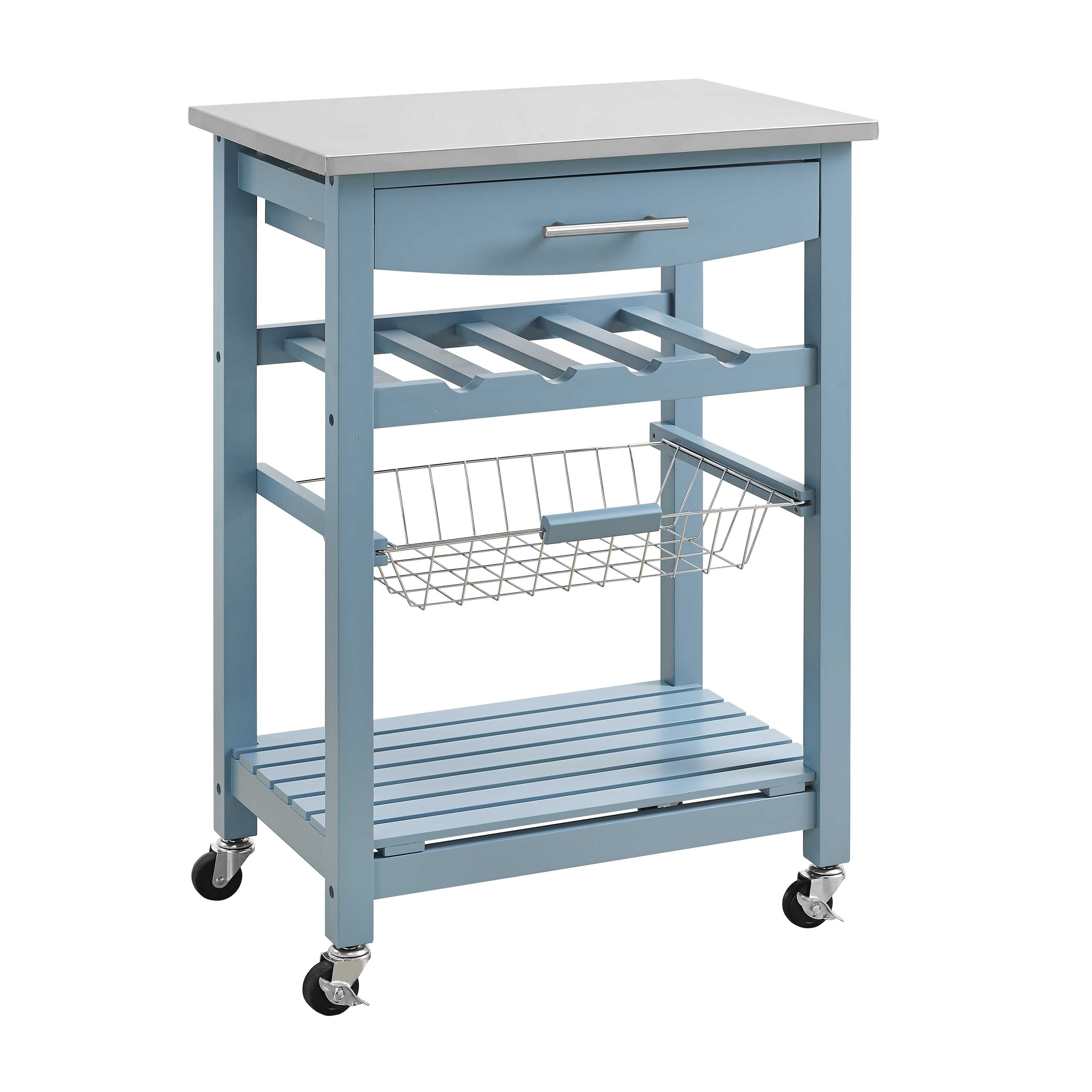 Contemporary Kitchen Island with Stainless Steel Top and Casters, Blue