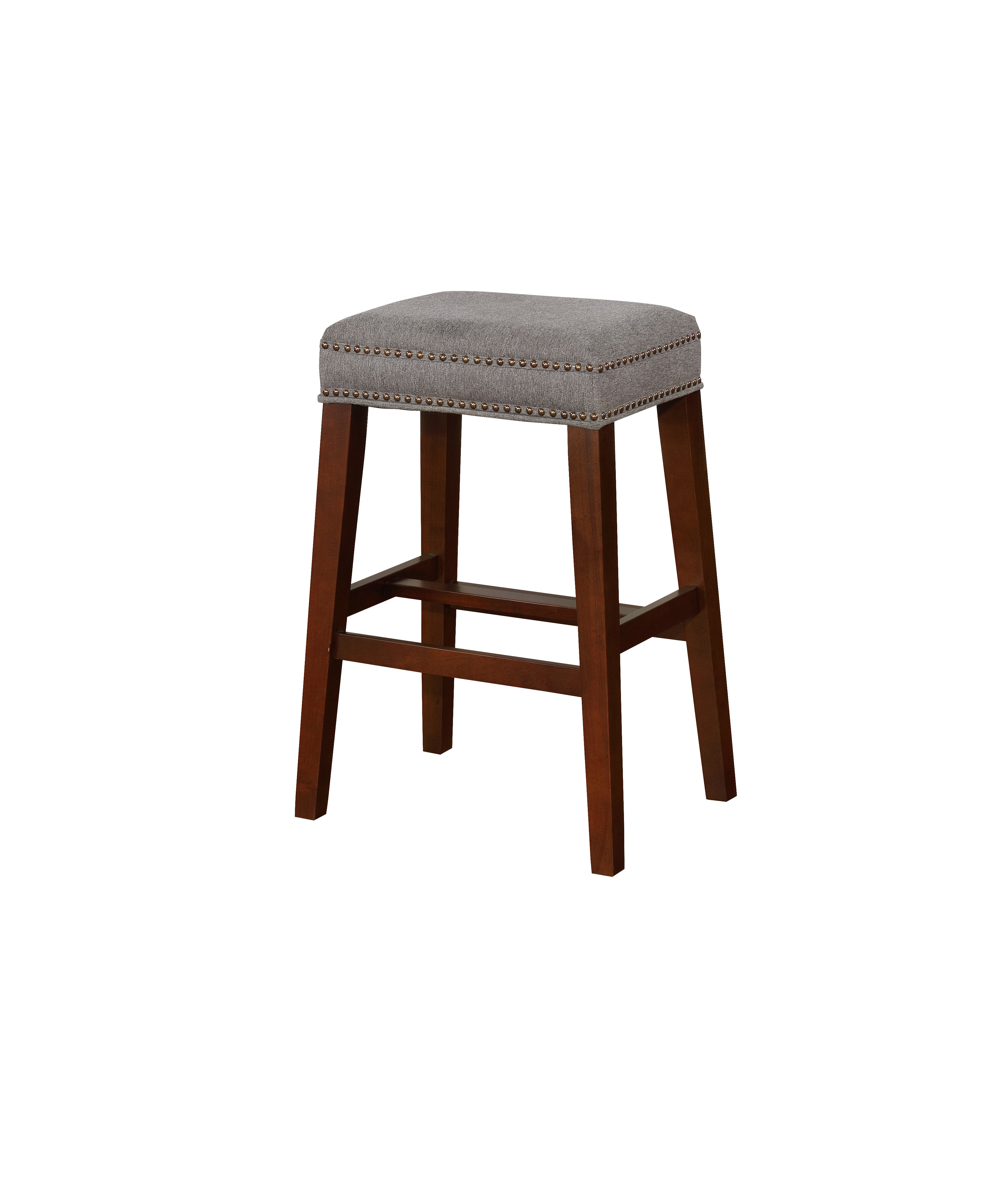 Traditional Wooden Bar Stool with Nailhead Trims, Brown and Gray