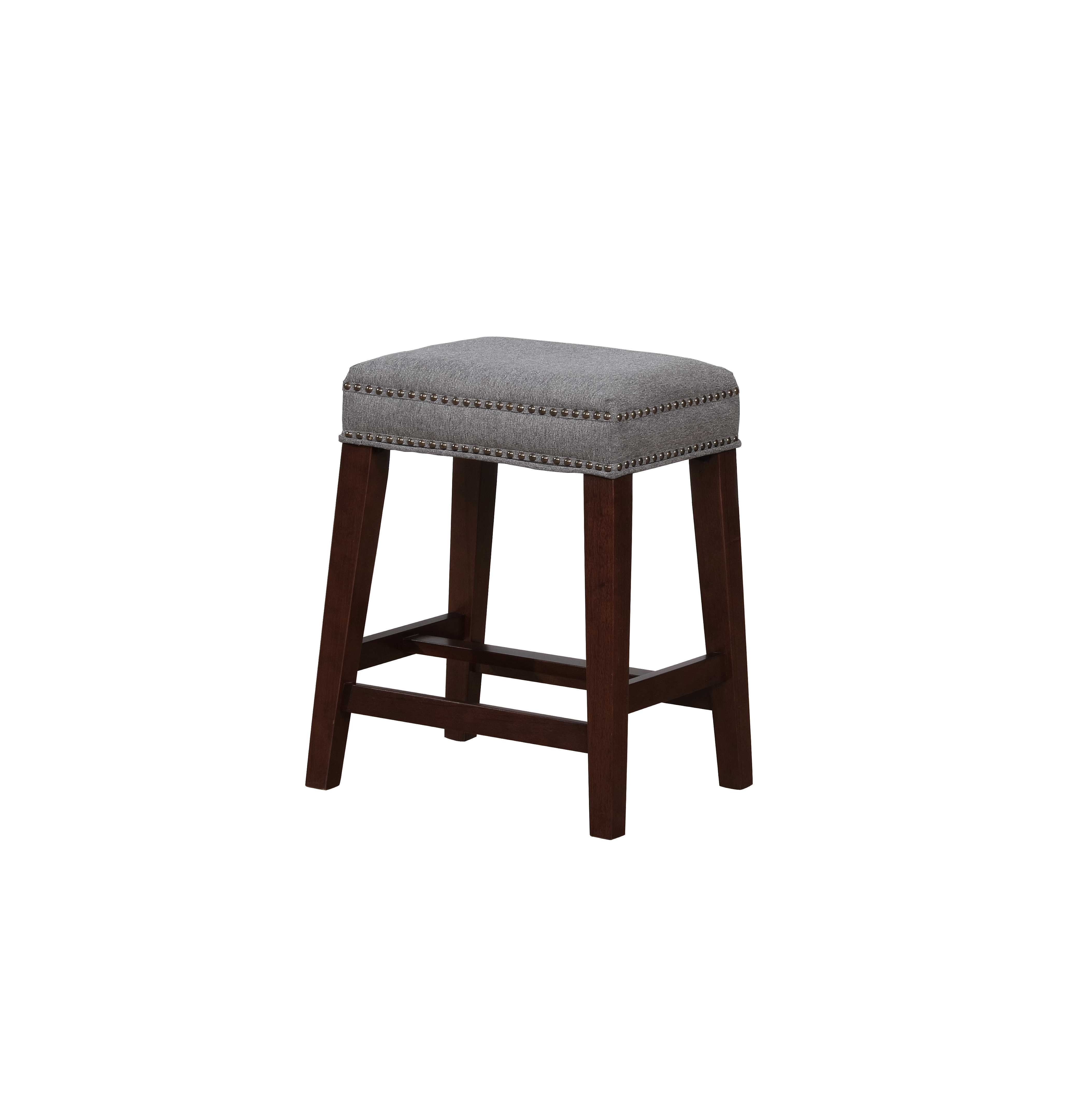 Traditional Wooden Counter Stool with Nailhead Trims, Brown and Gray