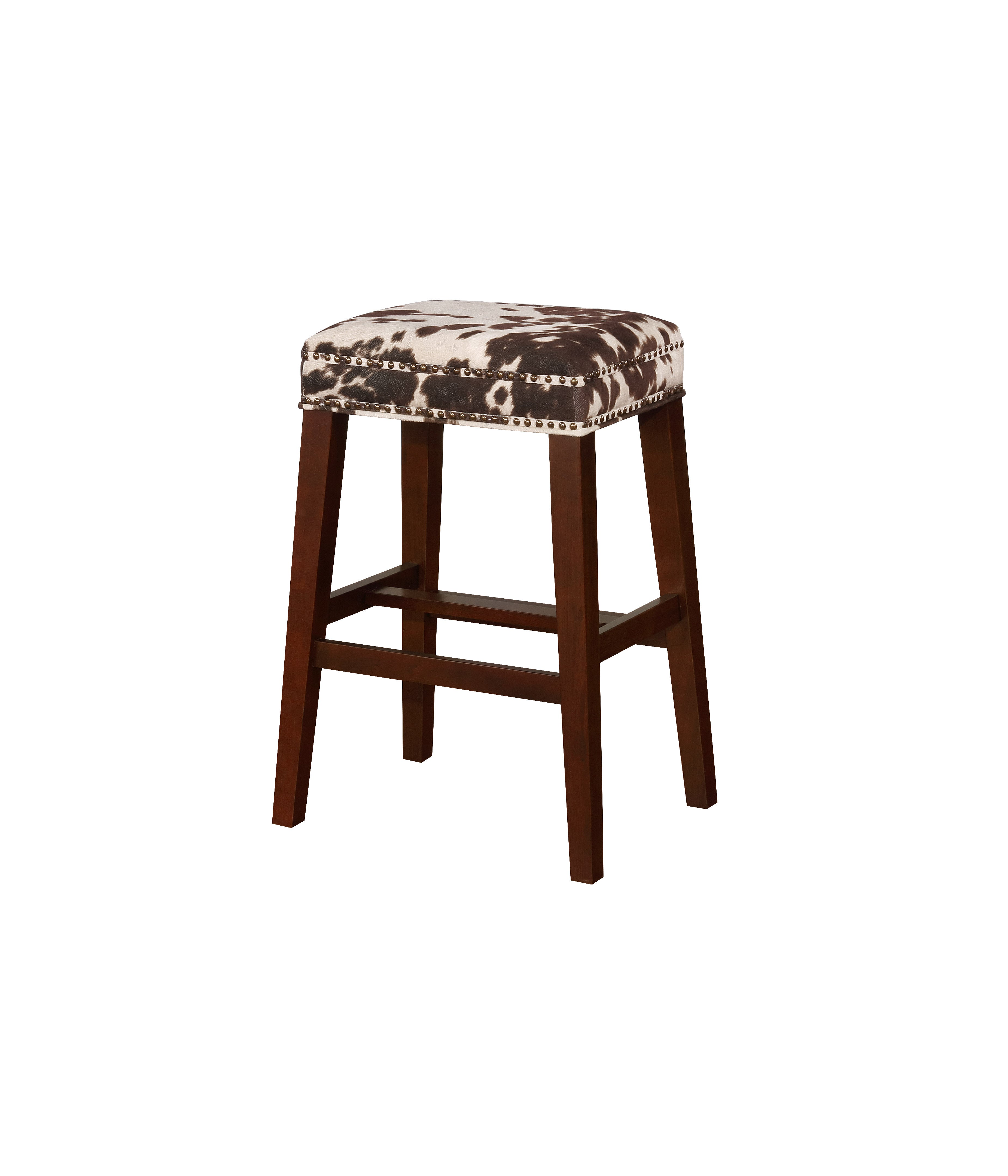 Traditional Style Wooden Bar Stool with Cow Print, Brown and White