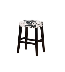 Traditional Style Wooden Bar Stool with Cow Print, Black and White