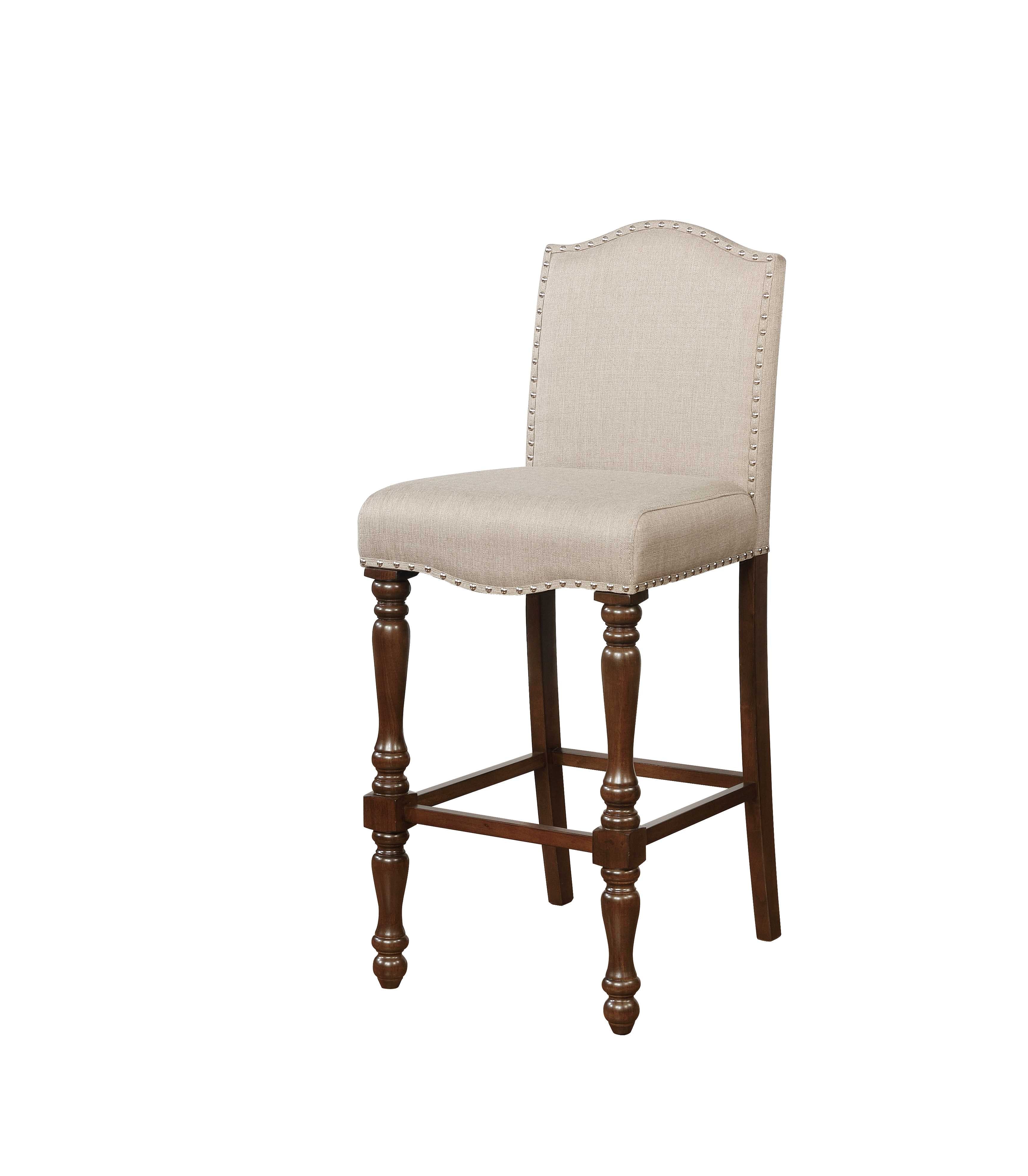 Wooden Bar Stool with Nailhead Trim Accents, Brown and Beige