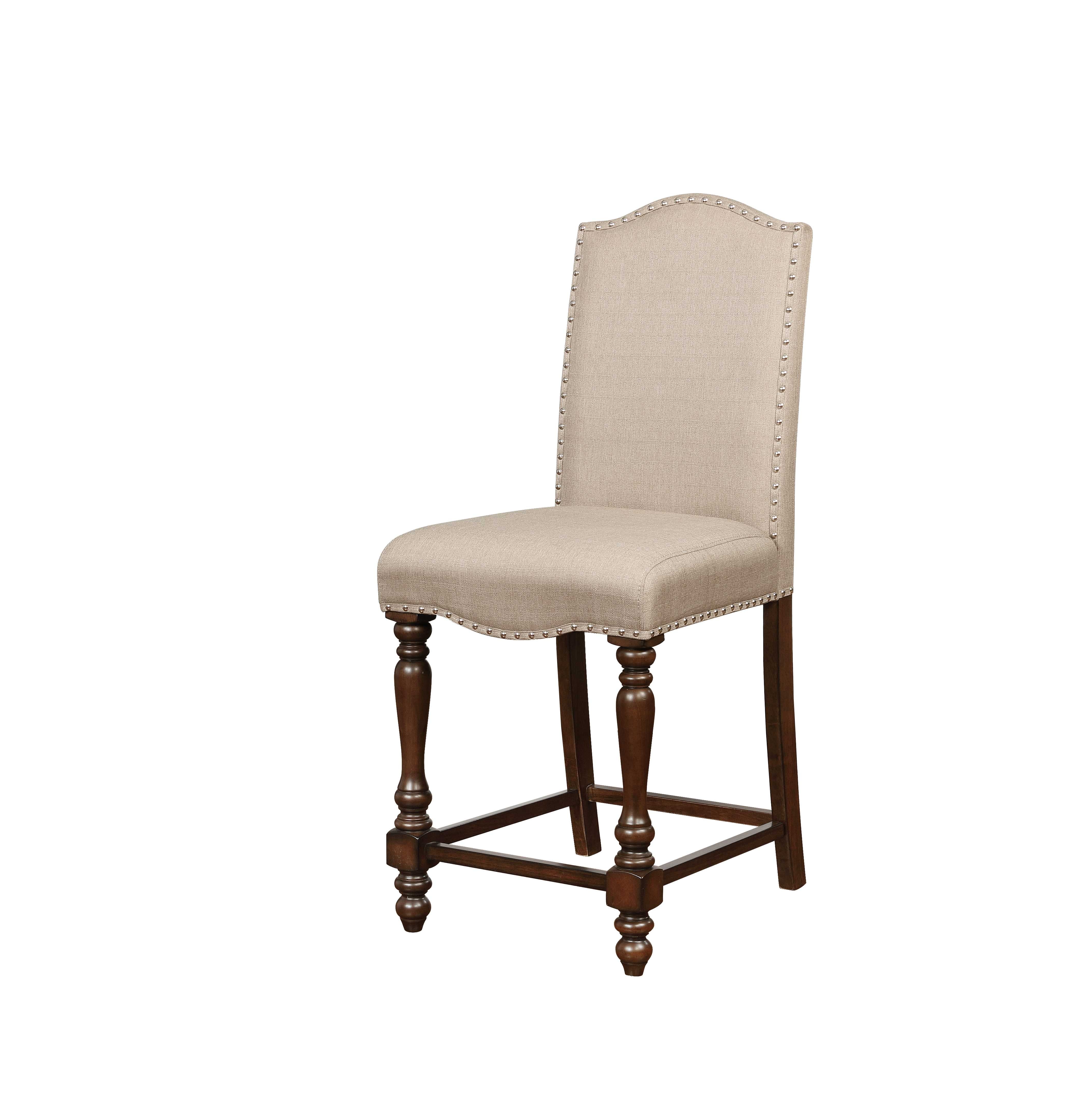 Wooden Counter Stool with Nailhead Trim Accents, Beige and Brown