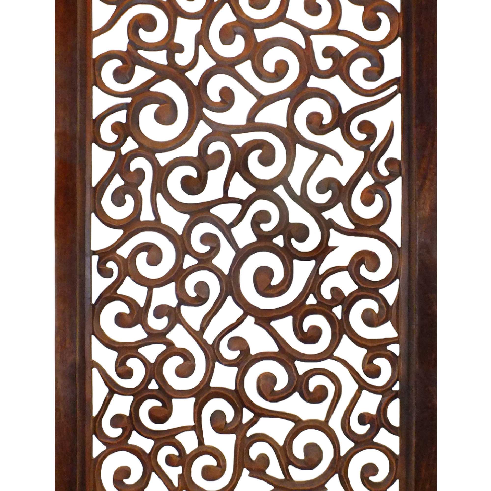 Rectangular Mango Wood Wall Panel with Cutout Scrollwork Details, Brown