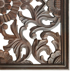 Square Shape Wooden Wall Panel with Filigree Carvings, Burnt Brown