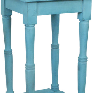 29 Inch Foldable Mango Wood Side Table with Slatted Bottom Shelf, Antique Blue