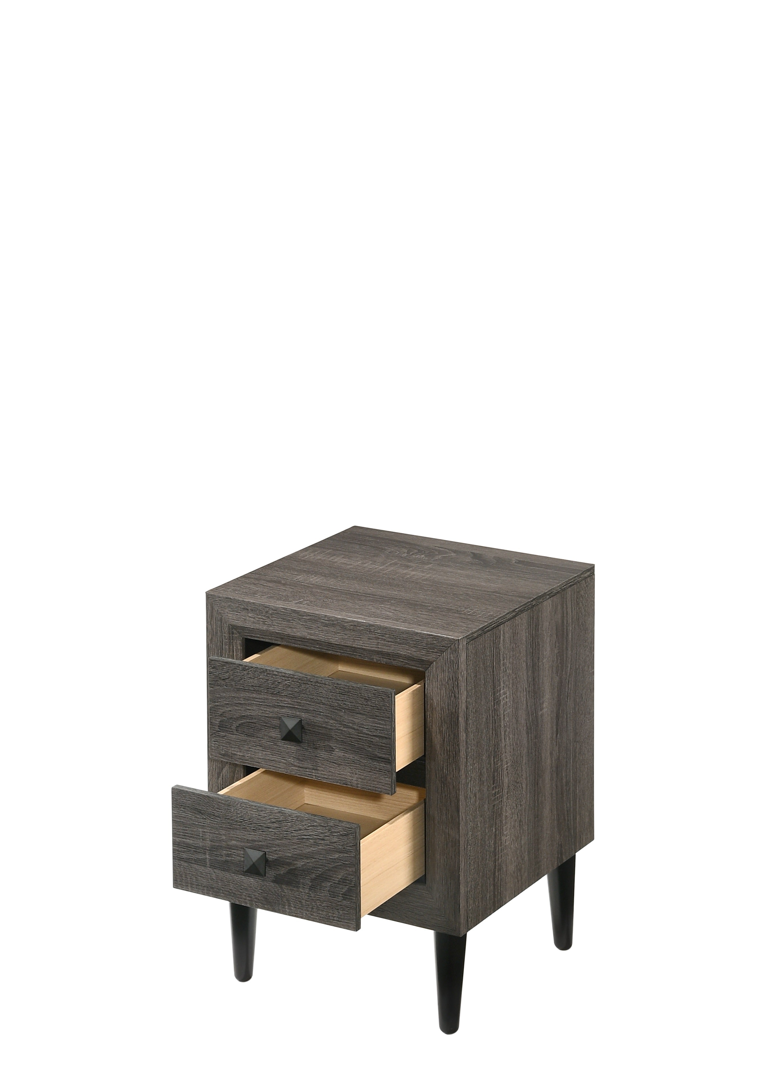 Wooden Night Table with 2 Drawers and Tapered Legs, Gray and Black