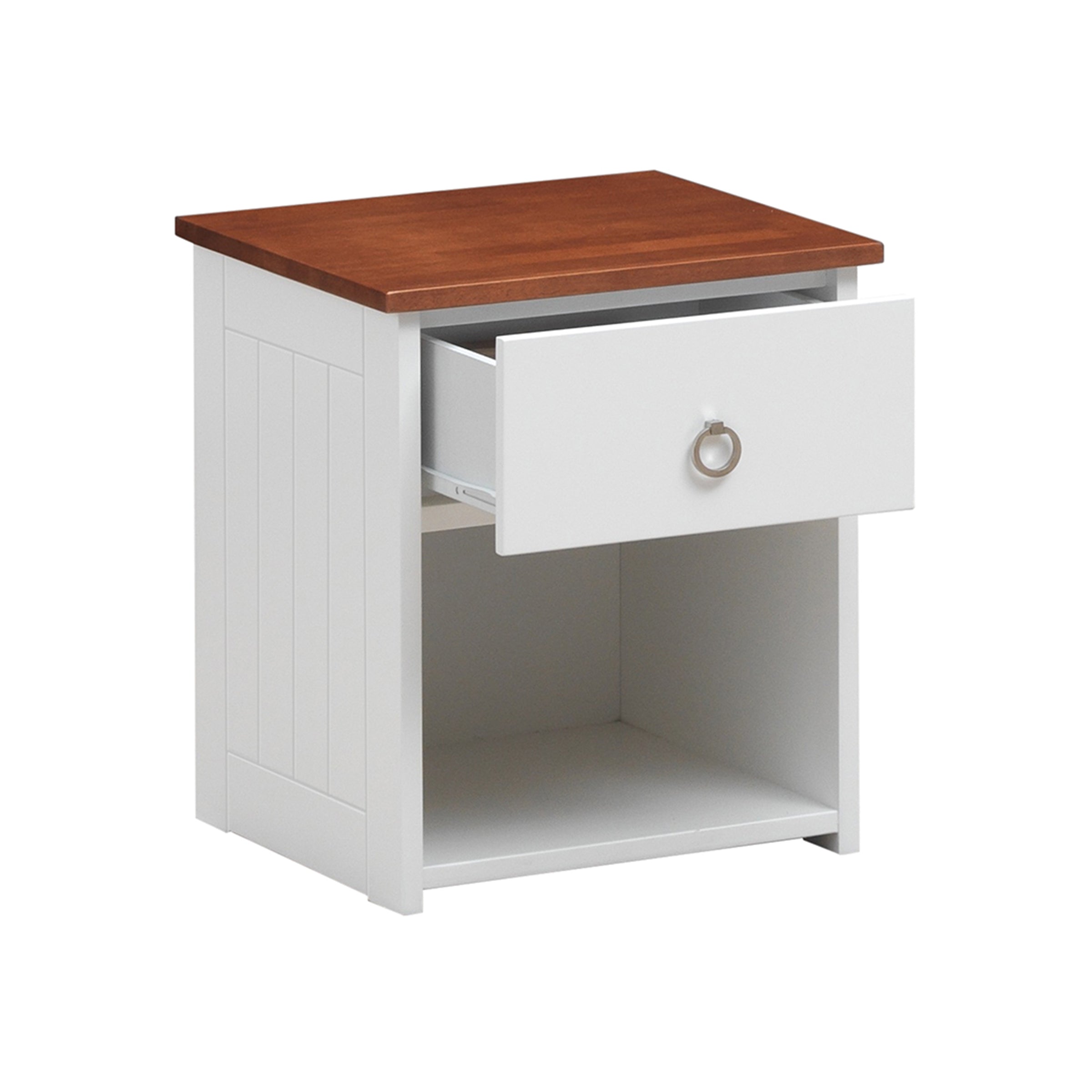 Nautical Wooden Nightstand with Open Compartment, Brown and White